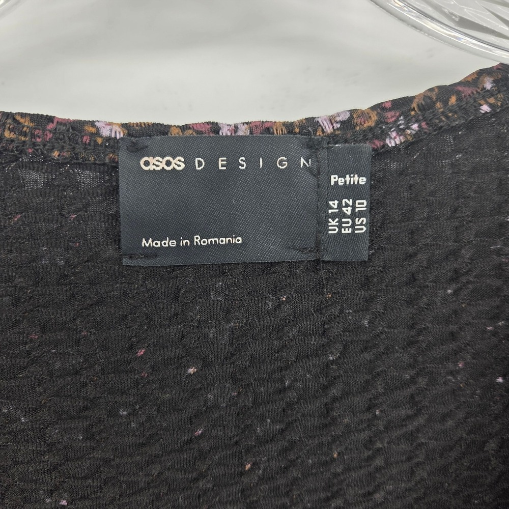 ASOS DESIGN Petite Midi Dress 10 Black Floral Puff Sleeve Boho Cottagecore - Picture 3 of 7